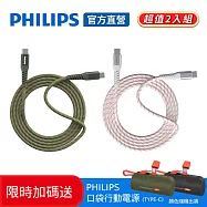 兩入組【Philips 飛利浦】限時加碼送 Type-C to Type-C 240W 不打結磁吸收納編織線150cm 送口袋行動電源 (DLC4588CG) 白+白