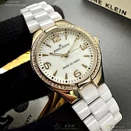 ANNE KLEIN安妮克萊恩精品錶,編號：AN00546,34mm圓形金色合金錶殼白色, 貝母錶盤陶瓷白錶帶