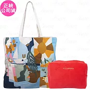 CLARINS 克蘭詩 悠遊暖陽托特包+派對閃耀紅化妝包(公司貨)