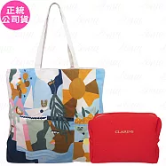 CLARINS 克蘭詩 悠遊暖陽托特包+ 經典紅限定版化妝包(公司貨)