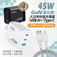 KooPin GaN氮化鎵 45W大功率3孔充電器+USB to Lightning 耐拉編織充電線(100CM) 深邃灰+線
