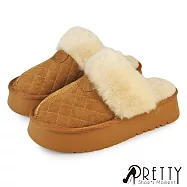 【Pretty】男女 女加大尺碼 穆勒鞋 拖鞋 保暖拖鞋 毛毛拖鞋 厚刷毛 鋪毛 絨毛 保暖 厚底 EU36 棕色