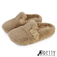 【Pretty】女 穆勒鞋 拖鞋 毛毛拖鞋 保暖拖鞋 室內拖鞋 絨毛 鋪毛 EU36 卡其色