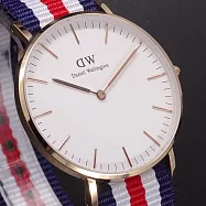 Daniel Wellington帆布風格時尚腕錶藍白紅+玫瑰金-36mm-DW00100030