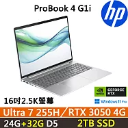★全面升級★HP ProBook 4 G1i 16吋 獨顯商用筆電 三年保固 Ultra 7 255H/RTX 3050 4G/24G+32G/2TB SSD/W11P
