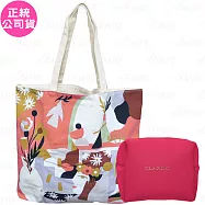 CLARINS克蘭詩 櫻桃紅化妝包+春日漫漫花園托特包(公司貨)