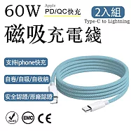 2入組 蘋果60W快充 Type-C to Lightning編織充電線1M(耐用編織數據快充線 多色傳輸線 保固1年) 天藍色/1m