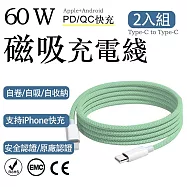 2入組 蘋果60W快充 Type-C to Type-C編織充電線1m(耐用編織數據快充線 多色傳輸線 保固1年) 青綠/1m