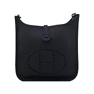 Hermes 愛馬仕 Evelyne 23cm H LOGO牛皮布款背帶斜/肩背包- 黑銀/K刻
