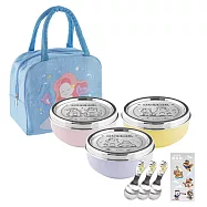 【KOM】達克比聯名款 316不鏽鋼磨砂兒童隔熱碗|附彩色圓匙+DIY餐碗貼紙 三款各一組 贈便當袋 3款碗+美人魚餐袋