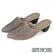 【GREEN PHOENIX】女 穆勒鞋 拖鞋 跟鞋 尖頭 粗跟 中跟 水鑽 透膚 鏤空 紗網 EU36 卡其色