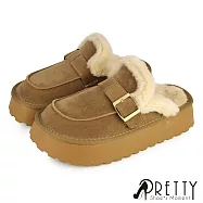 【Pretty】女 穆勒鞋 拖鞋 保暖拖鞋 毛毛拖鞋 半拖鞋 厚刷毛 鋪毛 絨毛 保暖 厚底 JP23 卡其色