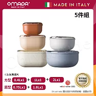【OMADA】義大利製 Pull Box 易拉保鮮盒 方型(0.4L+1L+2L)+圓型(0.75L+1.8L)實用五件組 方型-日出色+圓型-天空色