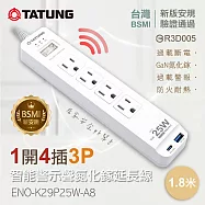【TATUNG大同】一開4插3P智能警示聲氮化鎵延長線(ENO-K29P25W-A8)