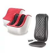 【迎春獻禮組】喬山FM210新世代秀腿機 + 肩頸多感舒摩背墊RT2165 腳機(紅色)+按摩背墊(曜石黑)