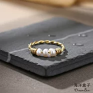 【海洋盒子】手工編織金色纏繞線條天然珍珠鈦鋼戒指 國際圍10號
