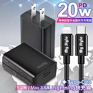 Topcom 20W Type-C PD3.0+QC3.0 快速充電器TC-S300C-黑+耐彎折編織線Type-C to Lightning PD急速快充線120cm 黑線