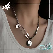 【伊飾童話】多元素嘻哈 笑臉別針組合鈦鋼項鍊/銀色 銀色