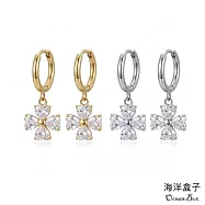 【海洋盒子】質感閃亮鋯石垂墜圈圈易扣鈦鋼耳環.幸運草.愛心.水滴可選擇 鋼色幸運草