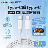 (3入) CUKTECH 酷態科 Type-C轉Type-C 240W 編織快充傳輸線CTC520P 5A 白色 (200cm) PD3.1 筆電手機通用快充線 白色