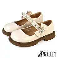 【Pretty】童鞋 女童 Smile Angel 幼童鞋 小童鞋 兒童瑪莉珍鞋 公主鞋 沾黏帶 漆皮 水鑽 蝴蝶結 27 米色