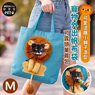 摩達客寵物-可愛逗趣小獅子造型寵物外出帆布袋 可露頭單肩包 藍綠色M 小型貓狗寵物可使用