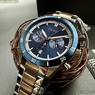 BOSS伯斯精品錶,編號：HB1513937,46mm圓形寶藍精鋼錶殼寶藍色錶盤精鋼金銀相間錶帶