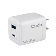 KooPin 台灣製造 38W氮化鎵 雙孔PD+QC 手機急速充電器(附贈Type-C充電線) 白色