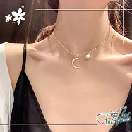【伊飾童話】海浪星月 韓風典雅珍珠金繽鎖骨項鍊 金繽