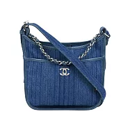 CHANEL 銀色CC Logo 牛仔布二用Hobo包_展示品 (牛仔藍)