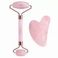 【Obeauty 奧緹】粉晶滾輪刮痧板美容套組-按摩器/板-玉石滾輪-穴道舒緩放鬆(UFS-128) 粉色