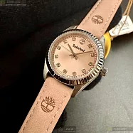 Timberland天柏藍精品錶,編號：TL57204,28mm圓形銀精鋼錶殼粉紅色錶盤真皮皮革粉紅錶帶