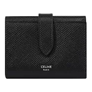 CELINE Fine Strap 燙銀LOGO粒面小牛皮扣式三折短夾.黑