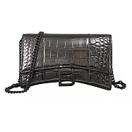 BALENCIAGA 巴黎世家 656050 Hourglass 鱷魚壓紋小牛皮WOC斜背鍊包.金屬黑