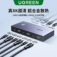 綠聯 HDMI KVM 切換器 2 進 1 出 USB-C 供電 一鍵桌控切換 深空灰金屬機身