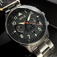 AVI-8精品錶,編號：AV52665,44mm圓形銀精鋼錶殼藍綠色錶盤精鋼銀色錶帶