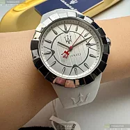 MASERATI瑪莎拉蒂精品錶,編號：R8851103503,38mm圓形銀精鋼錶殼白色幾何立體圖形錶盤矽膠白錶帶