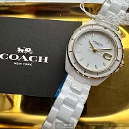 COACH蔻馳精品錶,編號：CH00270,34mm圓形白陶瓷錶殼白色錶盤陶瓷白錶帶