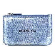 BALENCIAGA 巴黎世家 640535 荔枝牛皮拉鍊零錢卡包.藍灰色