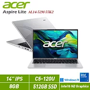 ★贈ACER滑鼠★ACER 宏碁 Aspire Lite 14 AL14-52M-55K2 銀 14吋筆電(C5-120U/8G/512G/W11/2年保)