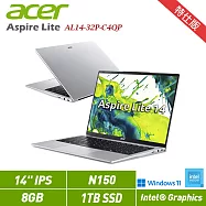 ★硬碟升級★Acer 宏碁 Aspire Lite AL14-32P-C4QP 銀 14吋筆電 特仕版(N150/8G/1TB/W11/2年保)