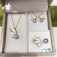 【伊飾童話】蝴蝶翩翩 天然珍珠項鍊耳環戒指灰色三件組 項鍊耳環戒指灰色三件組