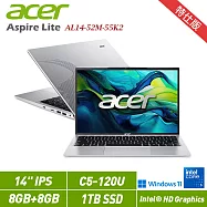 ★全面升級★Acer 宏碁 Aspire Lite 14 AL14-52M-55K2 銀 14吋筆電 特仕版(C5-120U/8G+8G/1TB/W11/2年保)