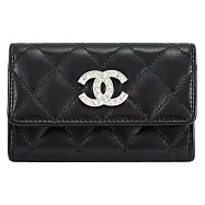 CHANEL AP3989 水鑽CC LOGO菱格小羊皮卡片零錢夾.黑/銀