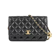CHANEL 經典CC Logo金釦菱格紋小羊皮金球WOC(黑色)_展示品