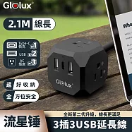 【億肯嚴選】Glolux流星錘 3面插座3孔3P插頭+2USB + 1Type-C(15W)延長線2.1M