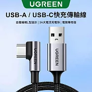 綠聯 USB-C/Type-C快充傳輸線 金屬編織L型/電競專用版(0.5公尺) 黑色