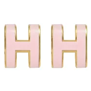HERMES MINI POPH 經典H LOGO橢圓銀飾耳環.金/糖果粉