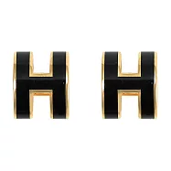 HERMES MINI POPH 經典H LOGO橢圓銀飾耳環.金/黑