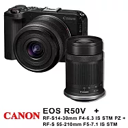 【Canon 佳能】EOS R50V+RF-S14-30mmSTM +RF-S55-210mmSTM*(平行輸入)~送128G卡+副電+座充+單眼包+大型腳架+大吹球 無 B